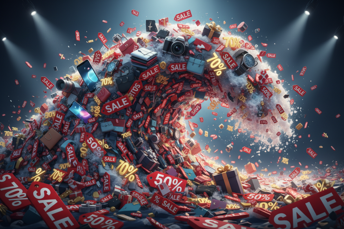 UN TSUNAMI DE OFERTAS, IMAGEN QUE HAGA REFERENCIA A UNA AVALANCHA DE DESCUENTOS DE GRAN CALIDAD 